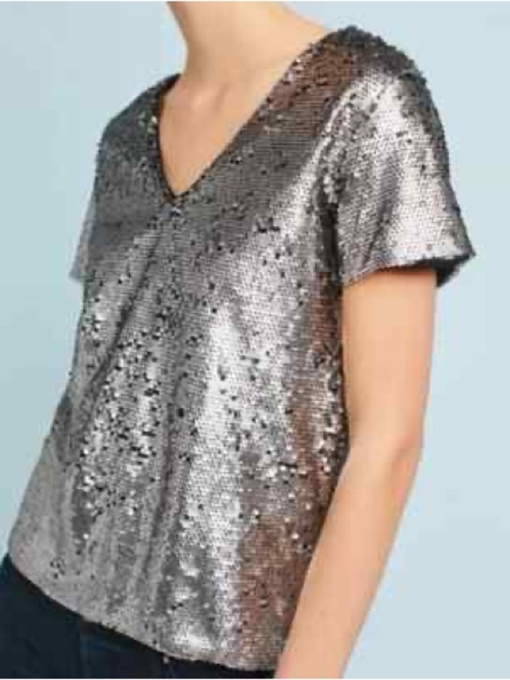 Anthropologie Vanessa Virginia Small Oversized Silver Black Sequin V-Neck Top
